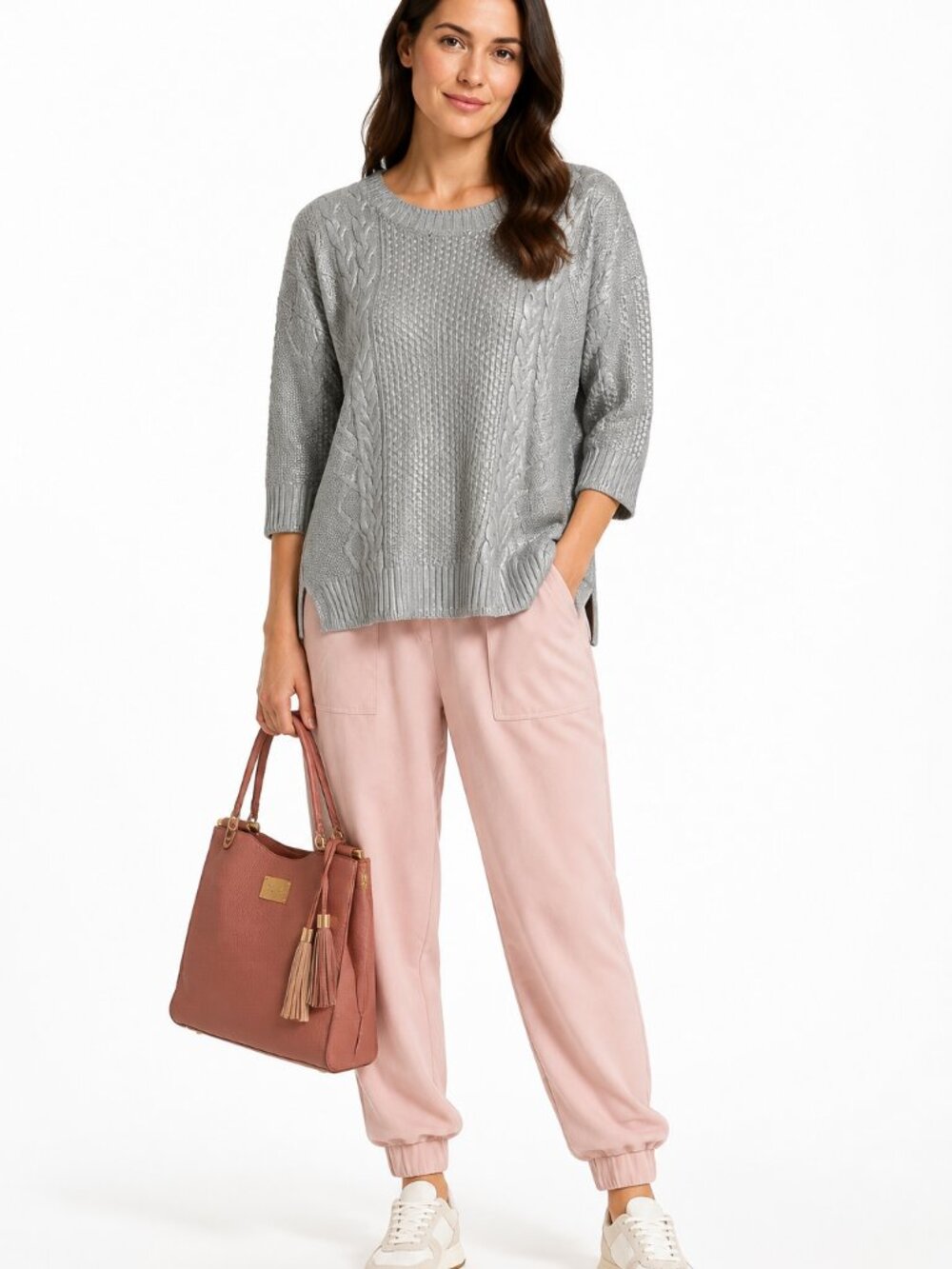 3-Piece Outfit Lot: Silver Metallic Cable Knit Sweater, Pink Joggers & Bebe Satc